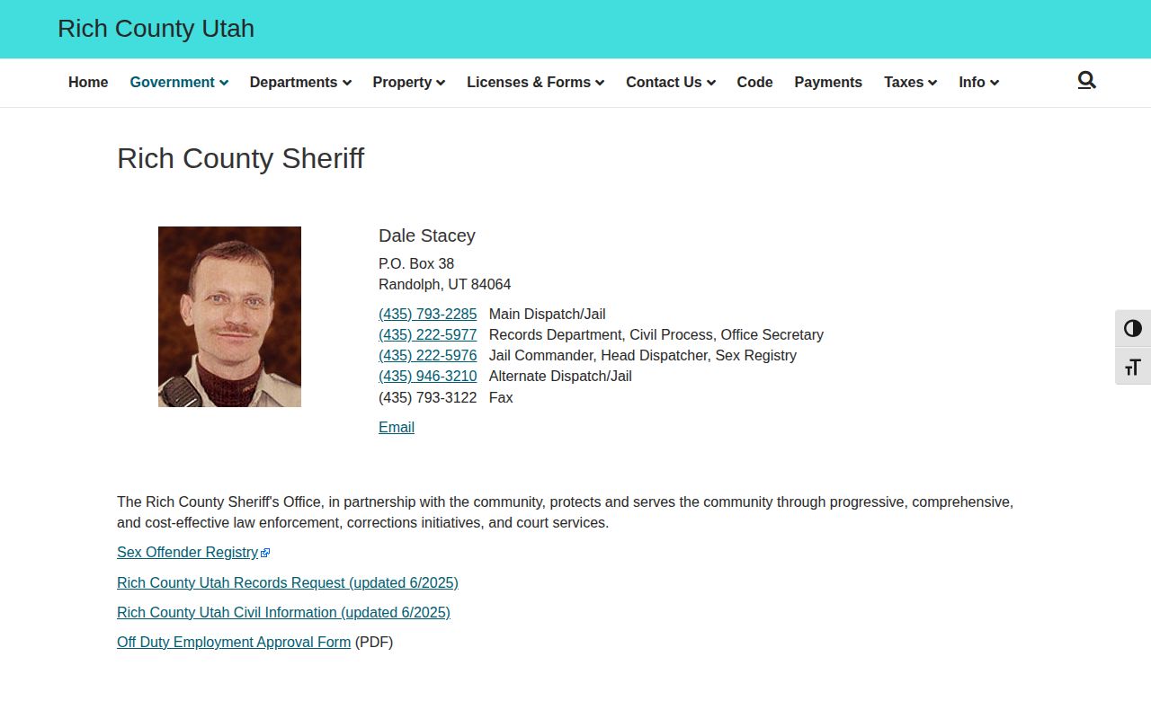 Rich County sheriff booking-record contact page