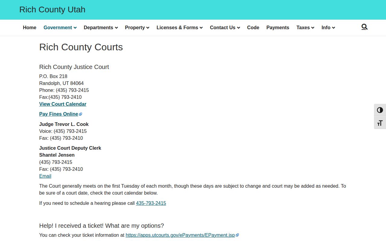Rich County court page for warrant and case confirmation