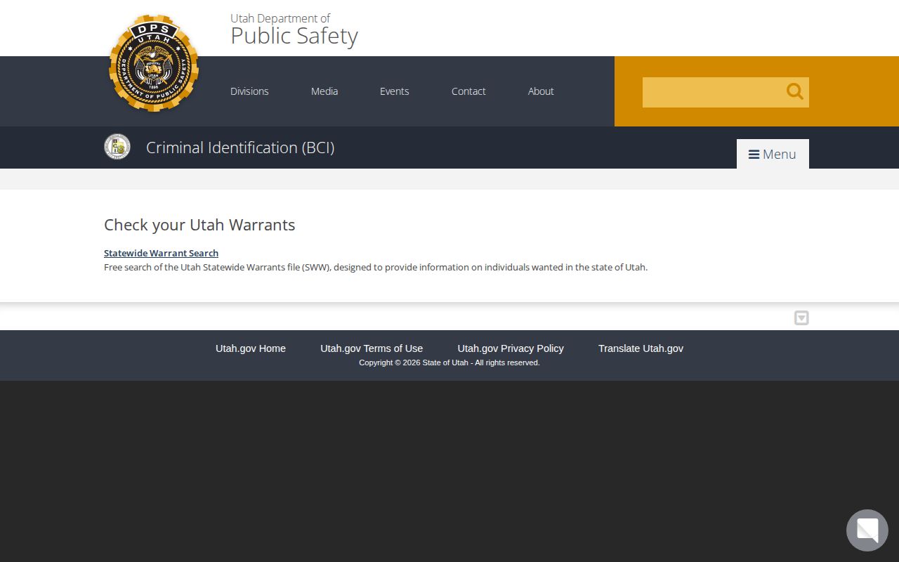 Rich County warrant-check reference showing the Utah BCI statewide warrant route
